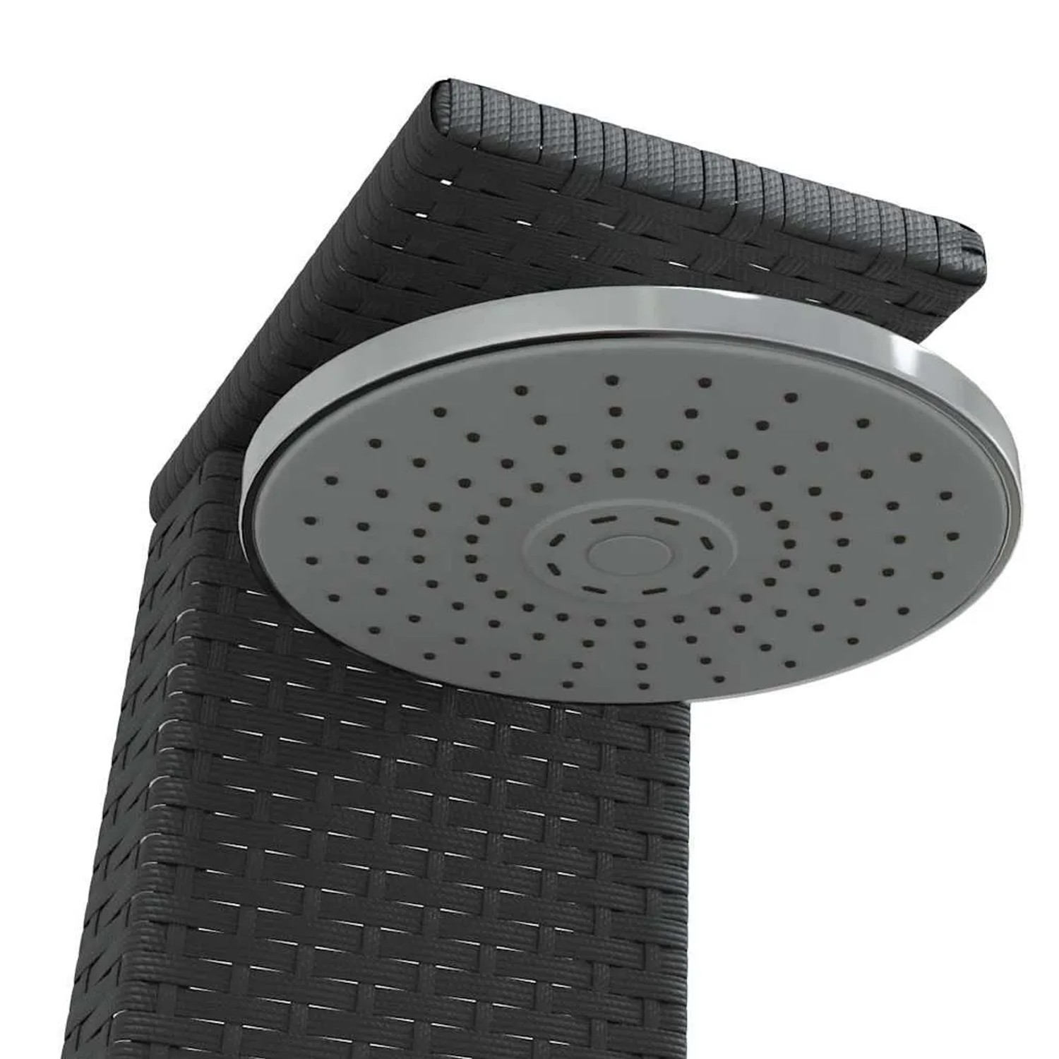 Schwarze vidaXL Gartendusche aus Rattan und Akazienholz, Detailansicht des Duschkopfs.