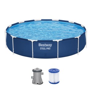 Bestway Steel Pro Frame Pool Set, 366x76 cm, dunkelblau, mit Filterpumpe für sauberes Poolwasser.
