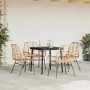 5-teiliges Garten-Esszimmerset aus braunem Rattan mit schwarzem Tisch und vier Stühlen.