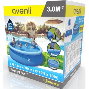 Verpackung Avenli Prompt Set Pool, aufblasbar, rund, Ø 300x76cm, blau, mit Familie im Pool.