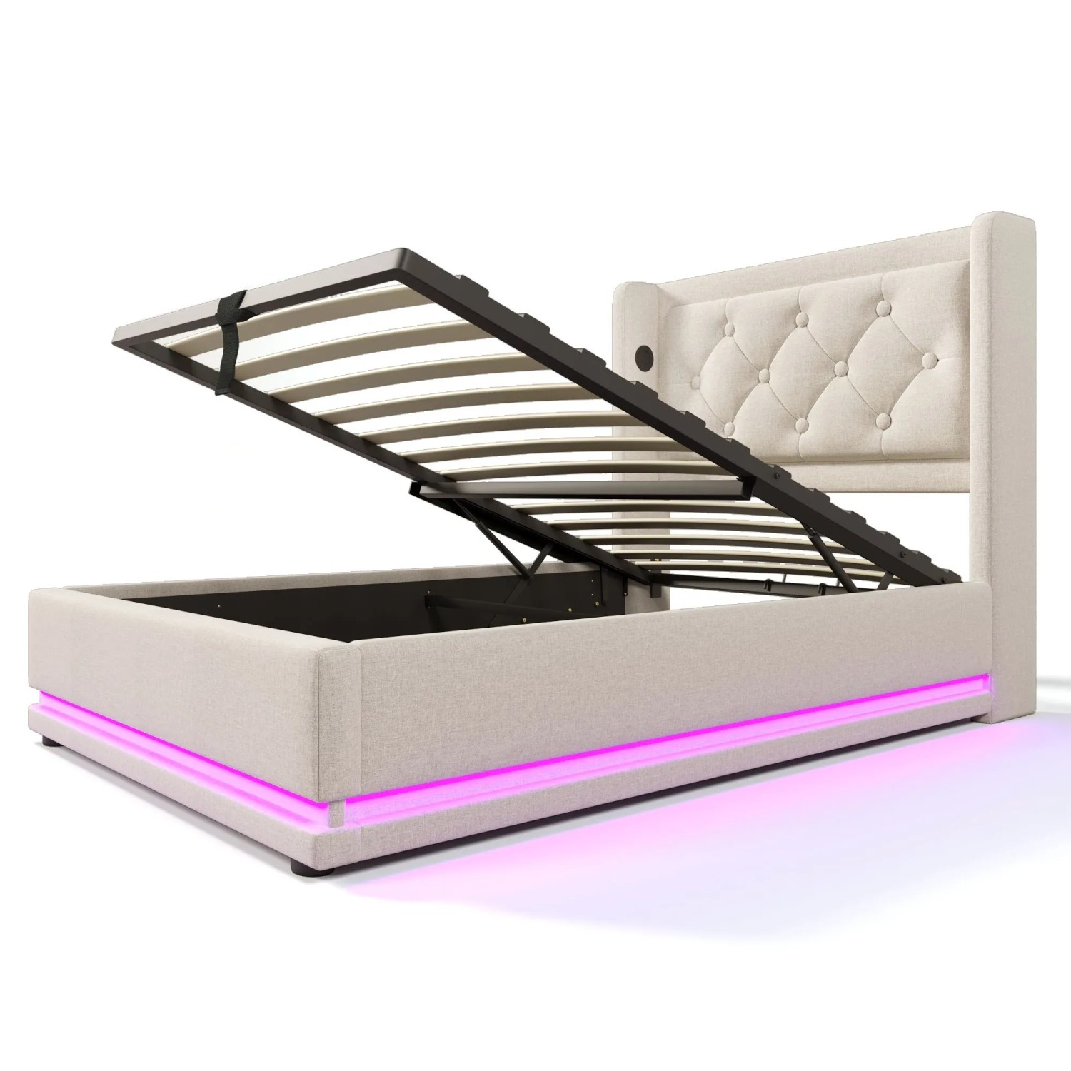 Merax Polsterbett 90x200cm LED USB-C Hydraulisch Beige