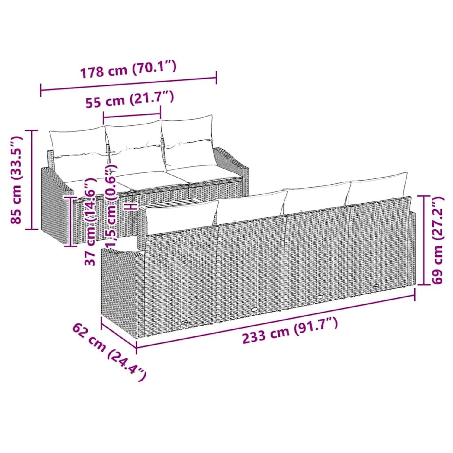 vidaXL Gartenmöbel Set, 8-teilig, beige Poly Rattan, mit Maßangaben.