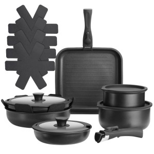 Tectake Kochtopfset Parma, 17-teilig, mit Grillpfanne, Bratpfannen, Töpfen, Deckeln und Topfschonern.