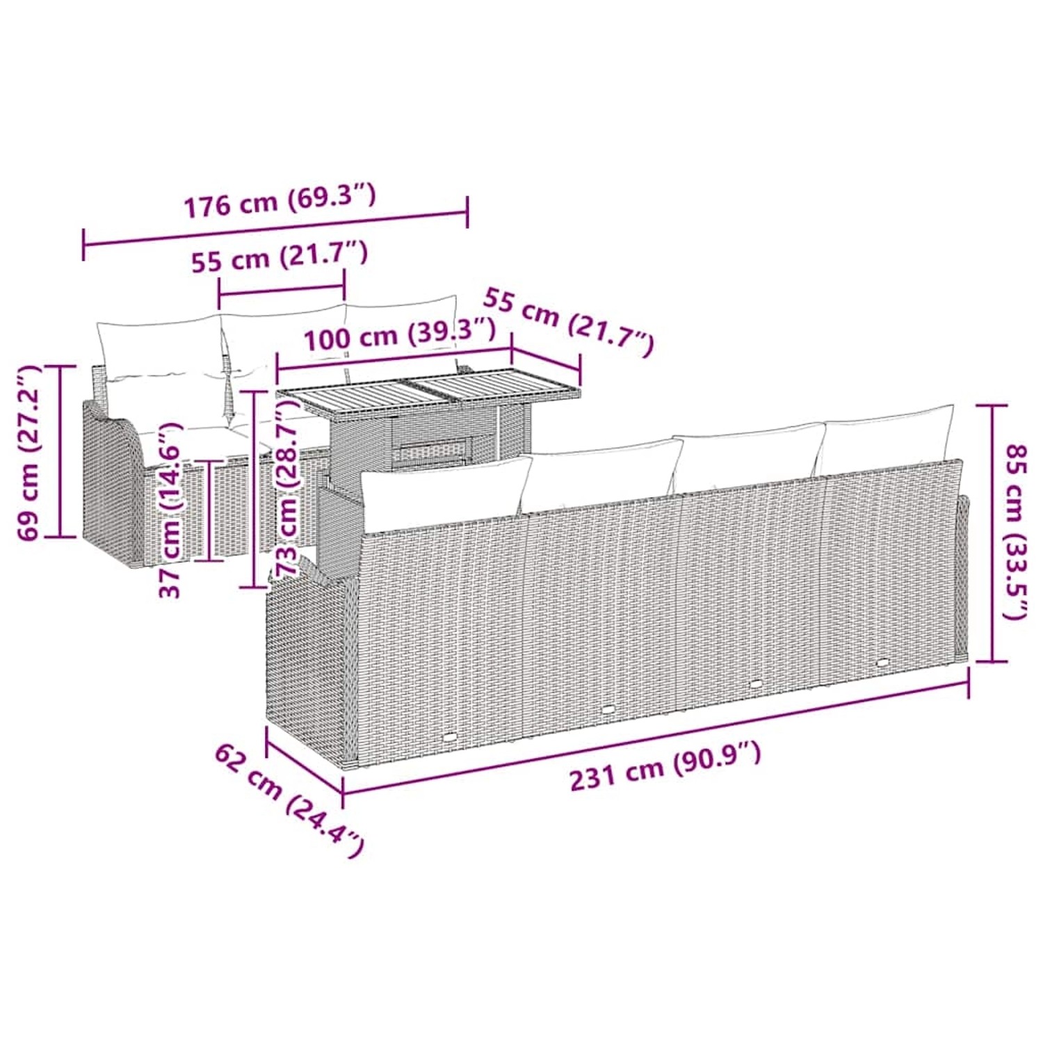 vidaXL 8-teiliges Garten-Sofa-Set aus Poly Rattan in Schwarz, Maße siehe Abbildung.