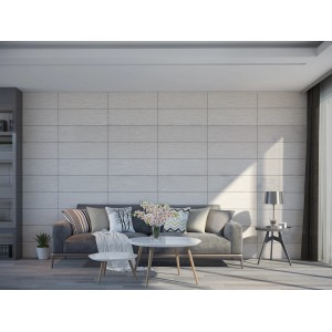 Wohnraum mit Wandfliese Living bianco Creme matt 25x75 cm an der Wand.