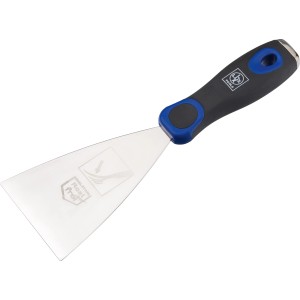 LUX Universalspachtel Flexibel, 8 cm breit, mit blau-schwarzem Griff und rostfreier Stahlklinge.