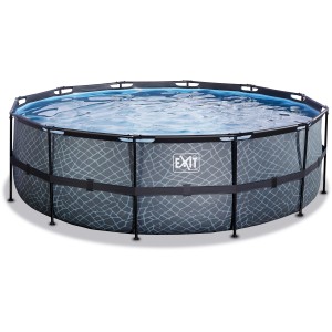Grauer EXIT Stone Pool Ø450x122cm mit Sandfilterpumpe und Stahlrahmen.