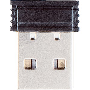 Detailaufnahme des USB-Empfängers der schwarzen Hama Funkmaus MW-110.