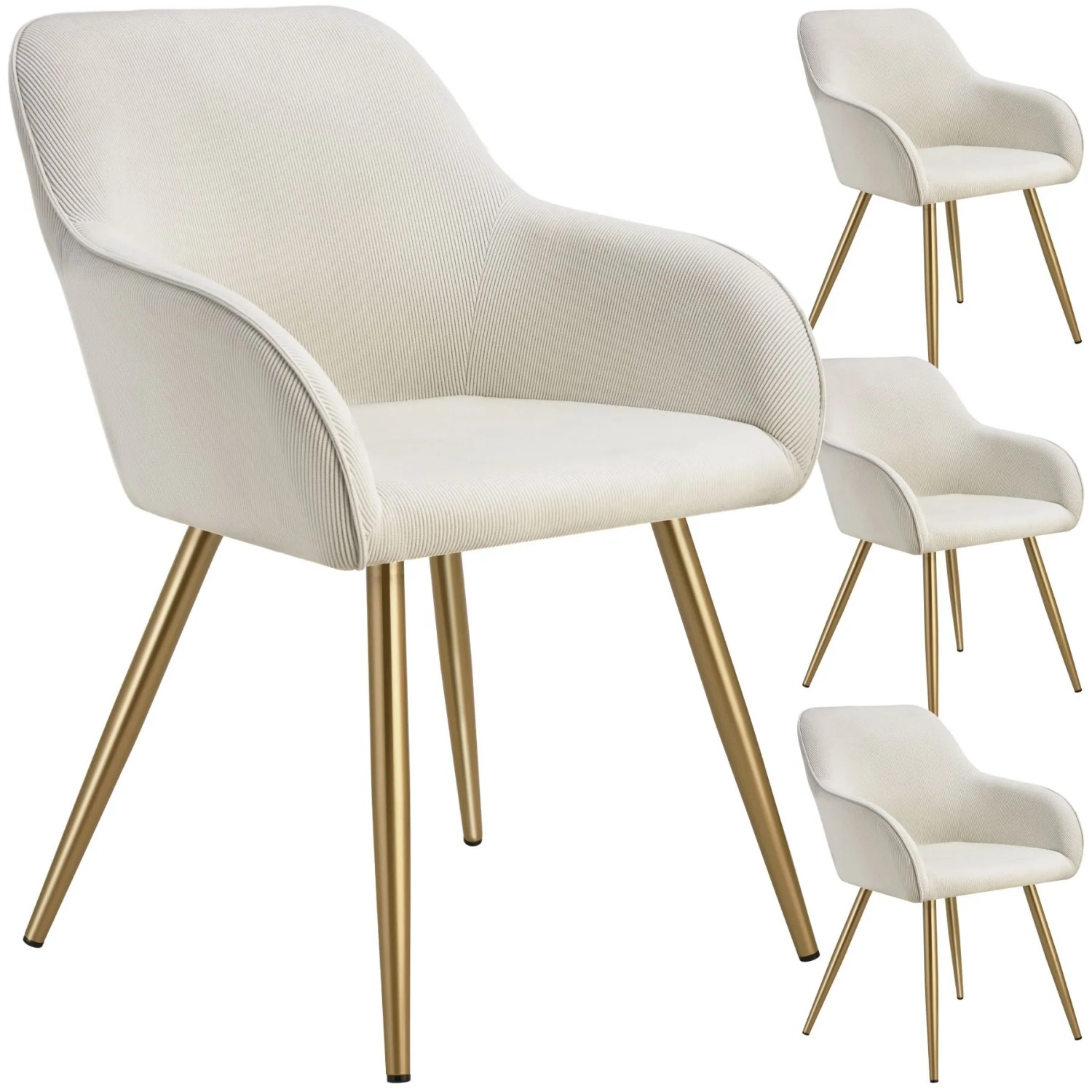 Tectake Esszimmerstuhl Marilyn Gepolstert  In Cordoptik Durchgehende Lehne 4Er Set 58 x 62 x 82 cm Creme Gold
