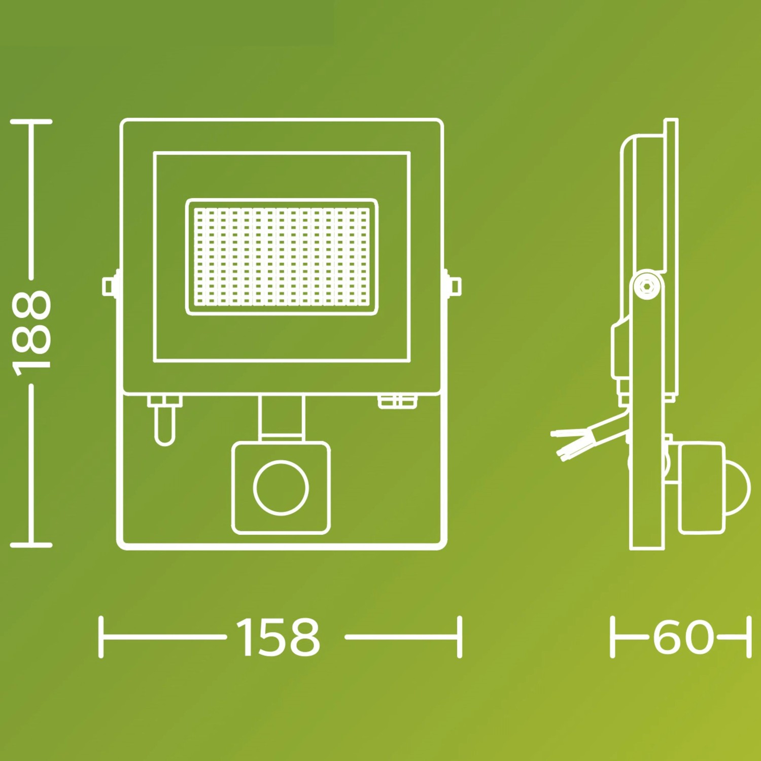 Technische Zeichnung: Philips Lois UltraEffizient LED-Außenstrahler mit Sensor, Maße 188x158x60 mm.
