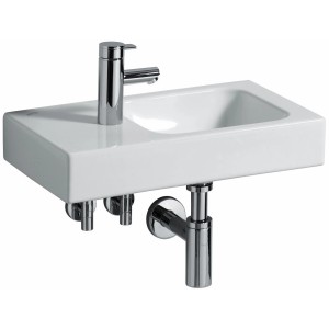 Weißes Geberit iCon Handwaschbecken (53 cm) mit Armatur und KeraTect-Beschichtung.