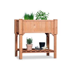 Coemo Kräuterbeet aus Holz, 90x40x90cm, mit Kräutern und Ablage für Gartengeräte.