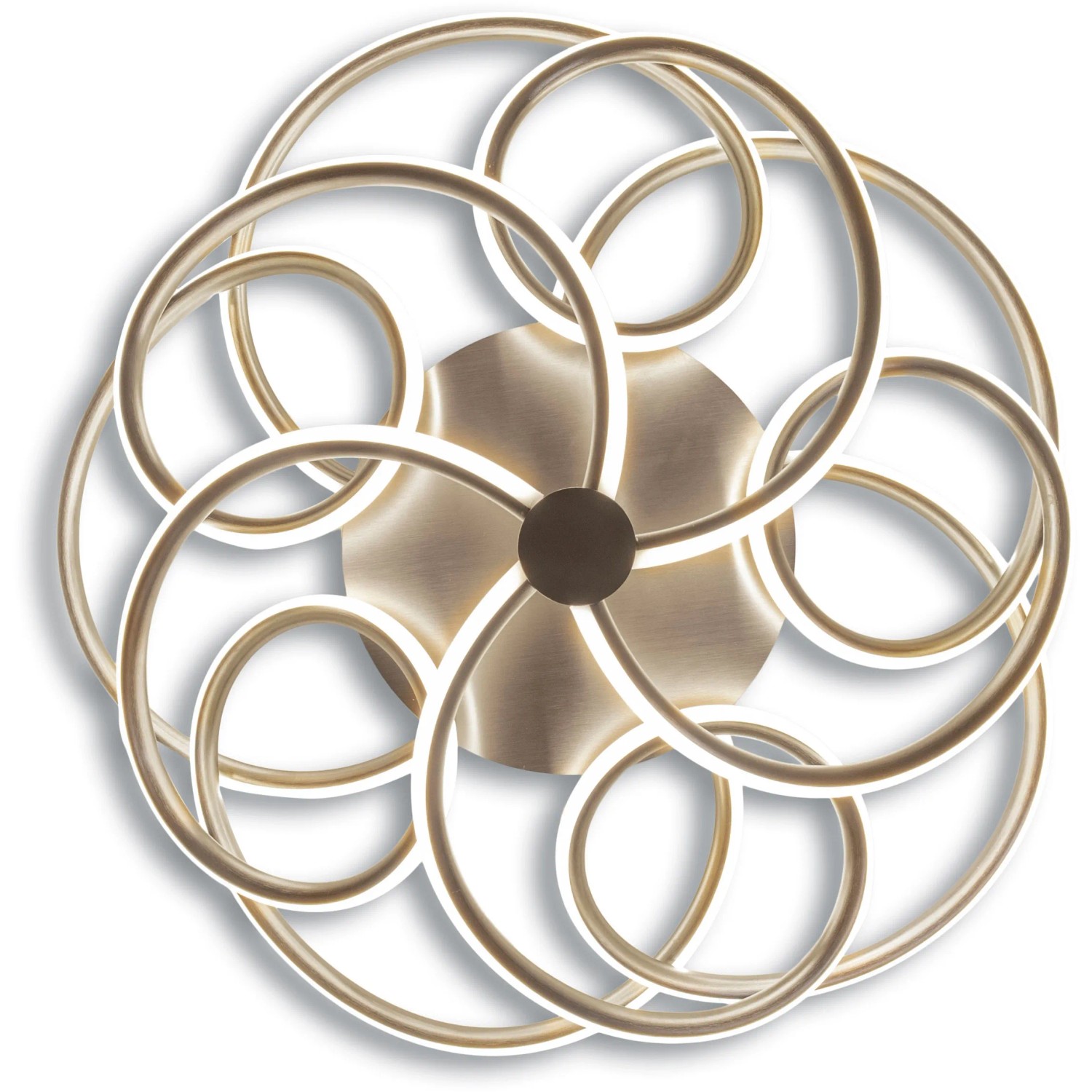 Moderne LED-Deckenleuchte Rizado in Satin-Nickel mit verschlungenen Kreisen, Ø 57 cm.