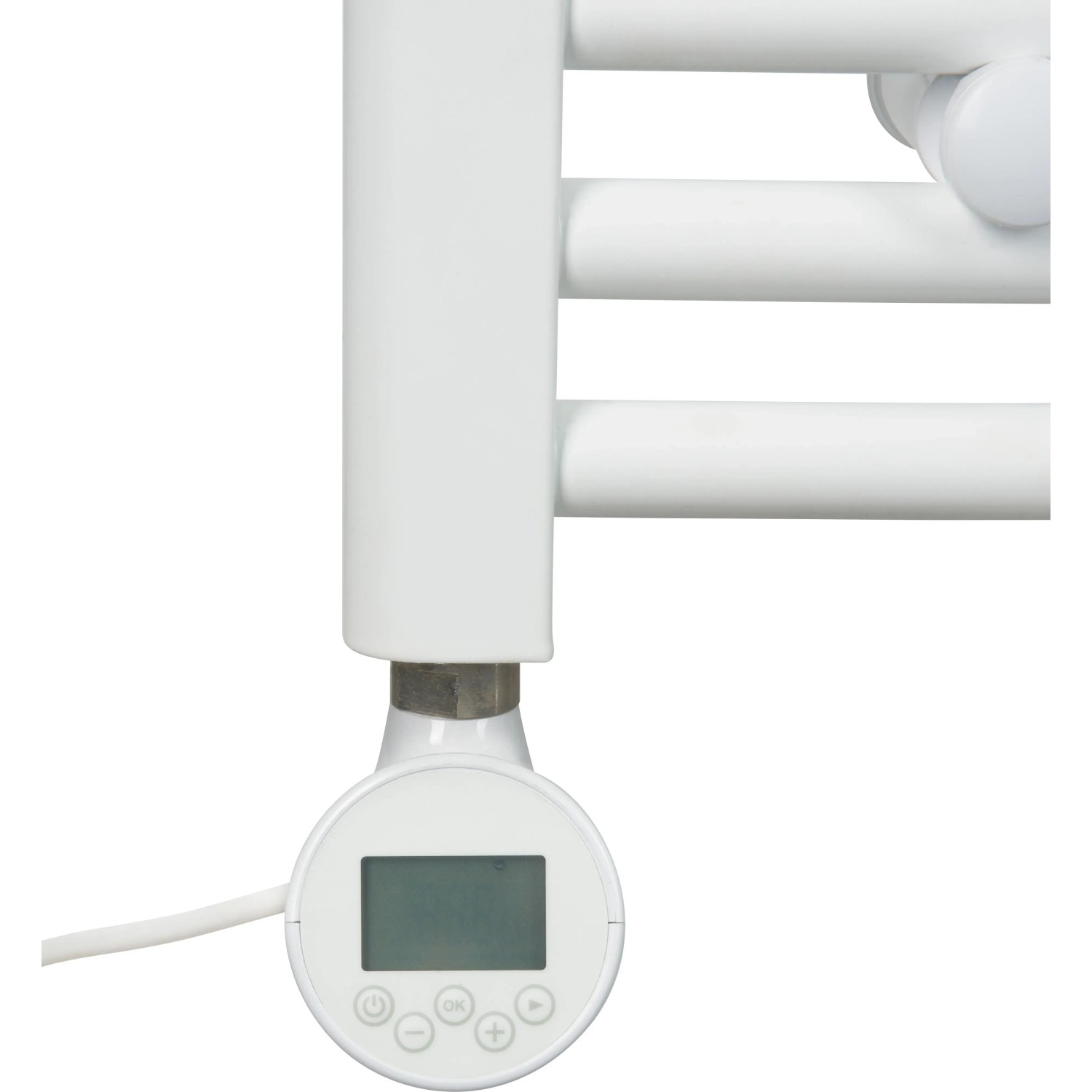 Detailaufnahme: Weißer, elektrischer Badheizkörper Winterberg XXL mit digitalem Thermostat.