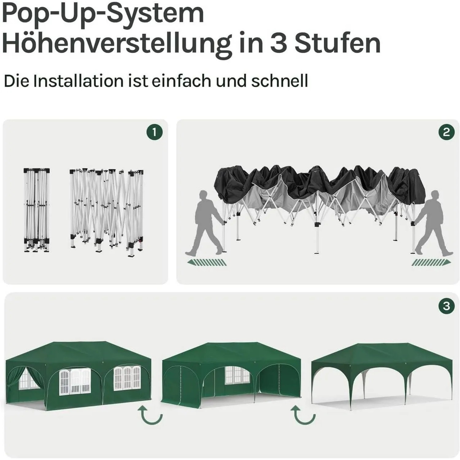 Grüner WOLTU Pavillon 3x6m: Pop-Up-Aufbau, höhenverstellbar, flexible Seitenwände. Schnelle Montage.