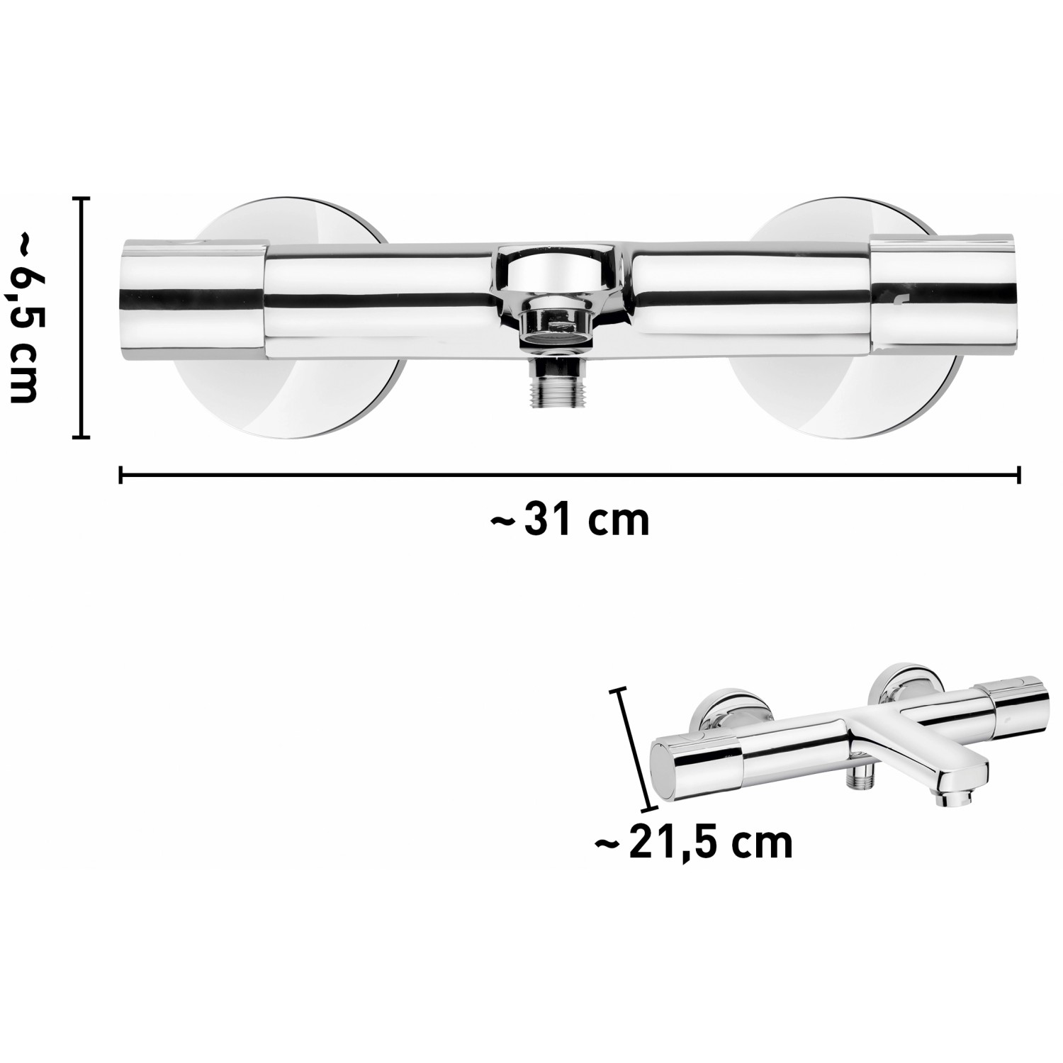 baliv Thermostat-Wannenarmatur WA-5020 Chrom, Aufsicht und Seitenansicht mit Maßangaben.