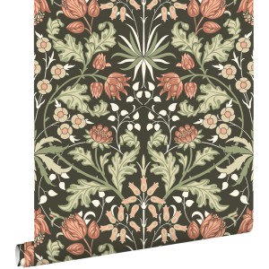 ESTAhome Vliestapete mit Jugendstil Blumenmuster in Dunkelgrün und Terrakotta. Dekorative Tapete.