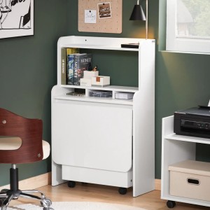 SoBuy Klappbarer Schreibtisch FWT105-W, weiß, zusammengeklappt als Regal mit Stauraum.