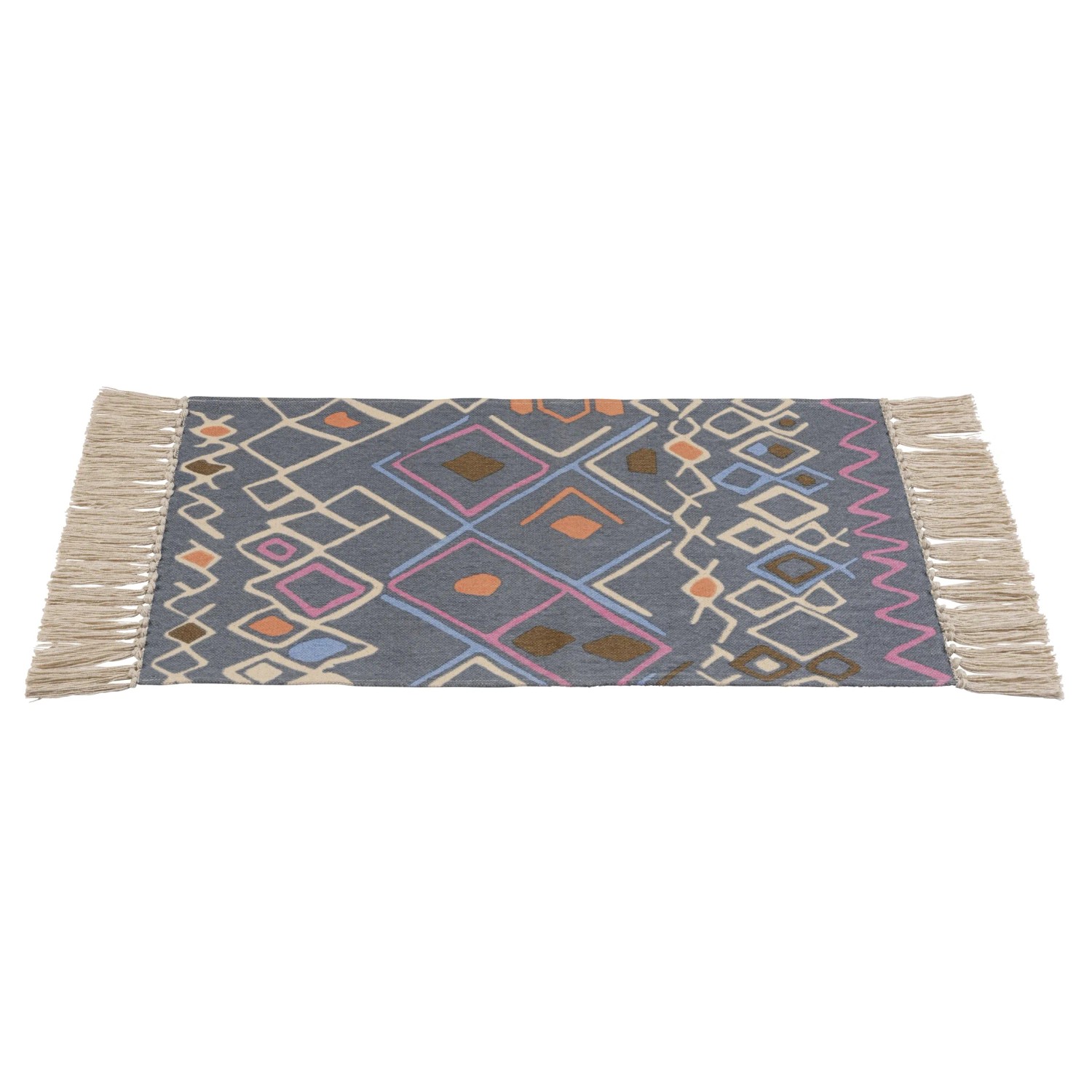 Mehrfarbiger Badteppich Massa 50x80 cm von Wenko mit Fransen und geometrischem Muster.
