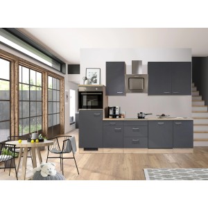 Moderne Einbauküche Morena in Basaltgrau matt und San Remo Eiche hell mit E-Geräten.