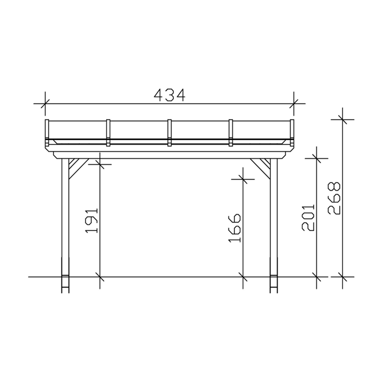 Technische Zeichnung: Skan Holz Terrassenüberdachung Sanremo, Maße 434x250 cm, Leimholz Natur.