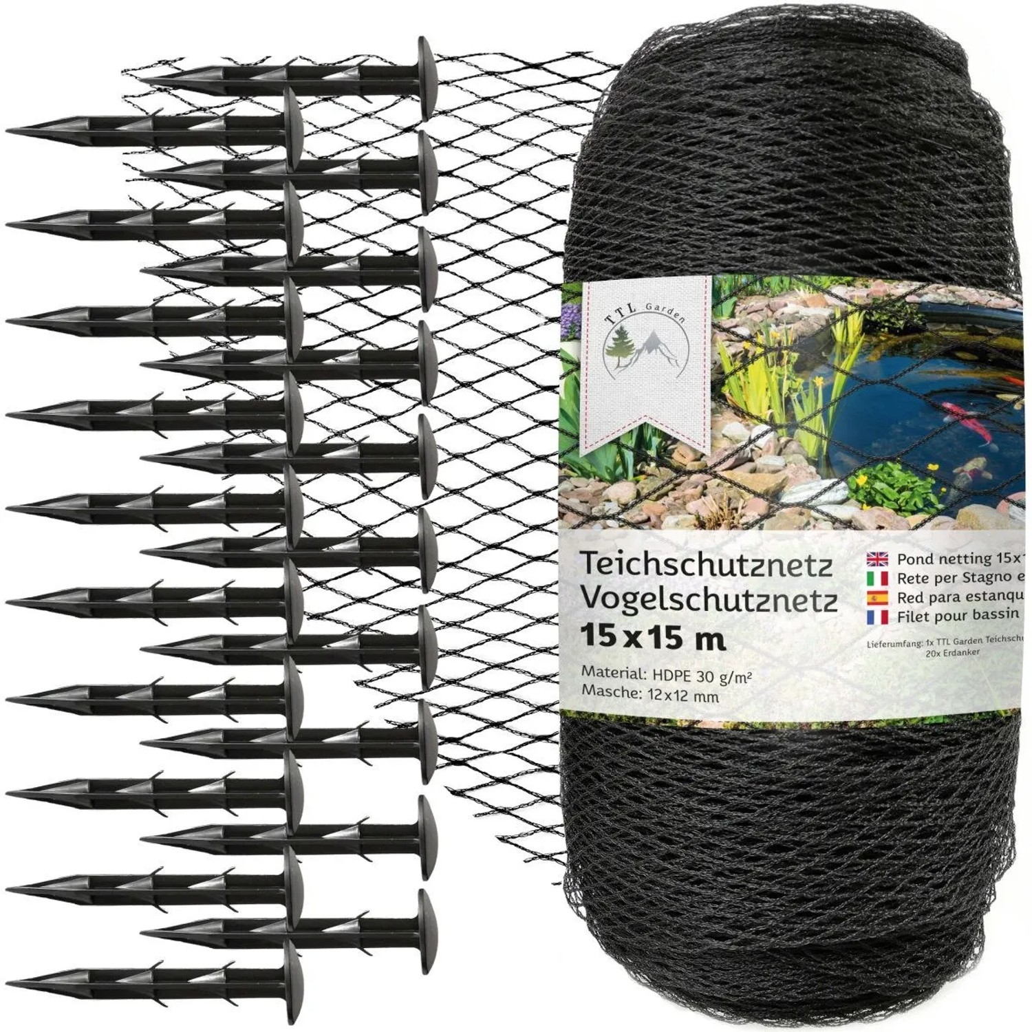 TTL GARDEN Teichschutznetz 15x15m 12x12mm 30g/m² Anthrazit Vogelschutznetz Teichnetz Laubnetz Gartennetz aus HDPE