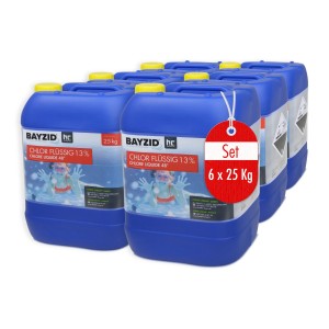 Set aus 4 Kanistern Bayzid Chlor 13% Flüssig, je 25kg, für die Pool Desinfektion.