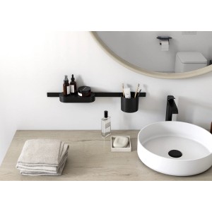 Hansgrohe WallStoris Bad-Set, 4-teilig, mattschwarz, mit Ablage, Becher und Stange. Badhelfer für mehr Ordnung.