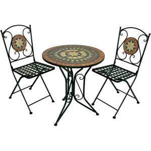 Garden Pleasure Bistro-Set Pular, 3-teilig, schwarz-braun mit Mosaik-Tisch und 2 Klappstühlen.