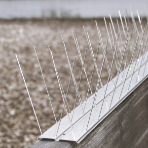 Windhager Taubenabwehr Classic mit Edelstahl-Spikes auf einem Holzbalken montiert.