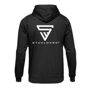 Schwarzer STAHLWERK Hoodie XXXL mit Reißverschluss und Logo auf der Rückseite.