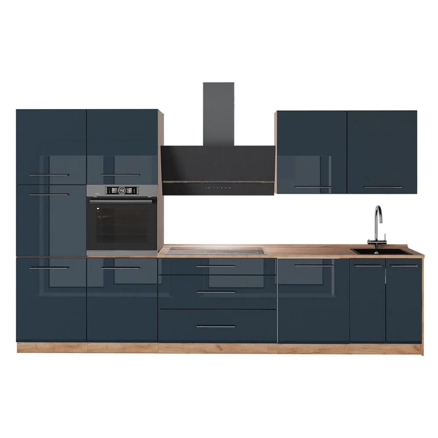 Vicco Küchenzeile Fame-Line Dunkelblau Hochglanz/Goldkraft Eiche 340 x 207 AP Eiche Art Nr 65756