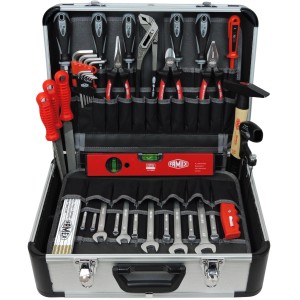 Gefüllter Famex Alu Werkzeugkoffer 429-88 mit Werkzeugen wie Zangen, Schraubendrehern und Schlüsseln.