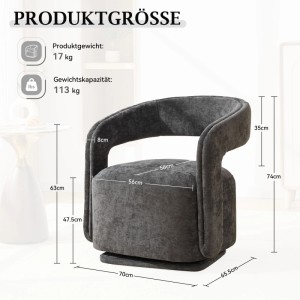 Grauer Chenille Drehsessel mit Produktmaßen 70x65,5x74 cm, 17 kg Gewicht, 113 kg Tragkraft. Für Wohnzimmer.