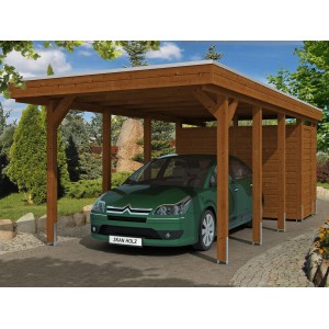 Skan Holz Carport Friesland Set 2 in Nussbaum mit Abstellraum und Auto.