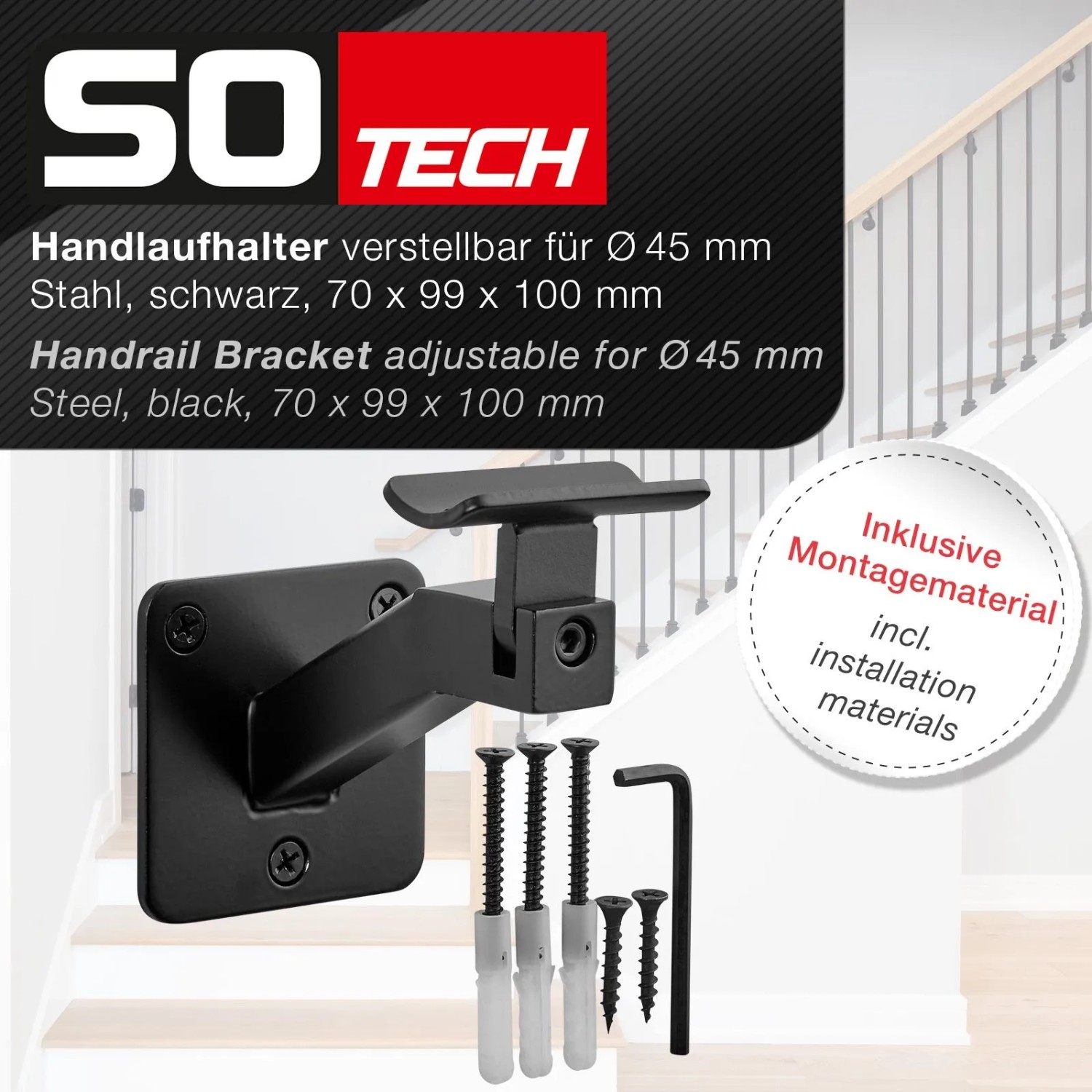 SOTECH Handlaufhalter Verstellbar für Ø 45 mm Runde Handläufe Stahl Schwarz Pulverbeschichtet Schräger Arm 70 x 99 x 100 mm_2