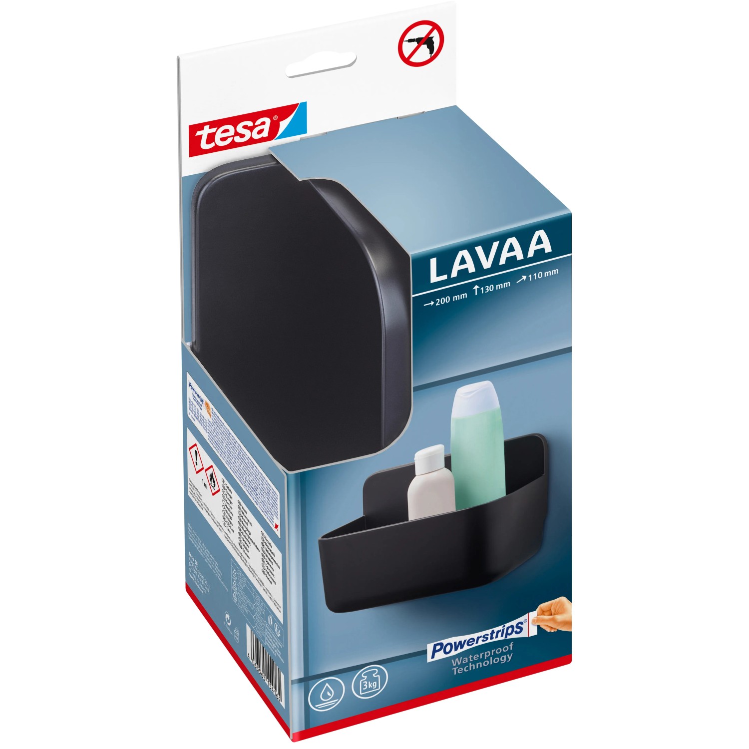 Tesa Lavaa Duschkorb Small in Schwarz, Eck-Design zur Wandmontage ohne Bohren.