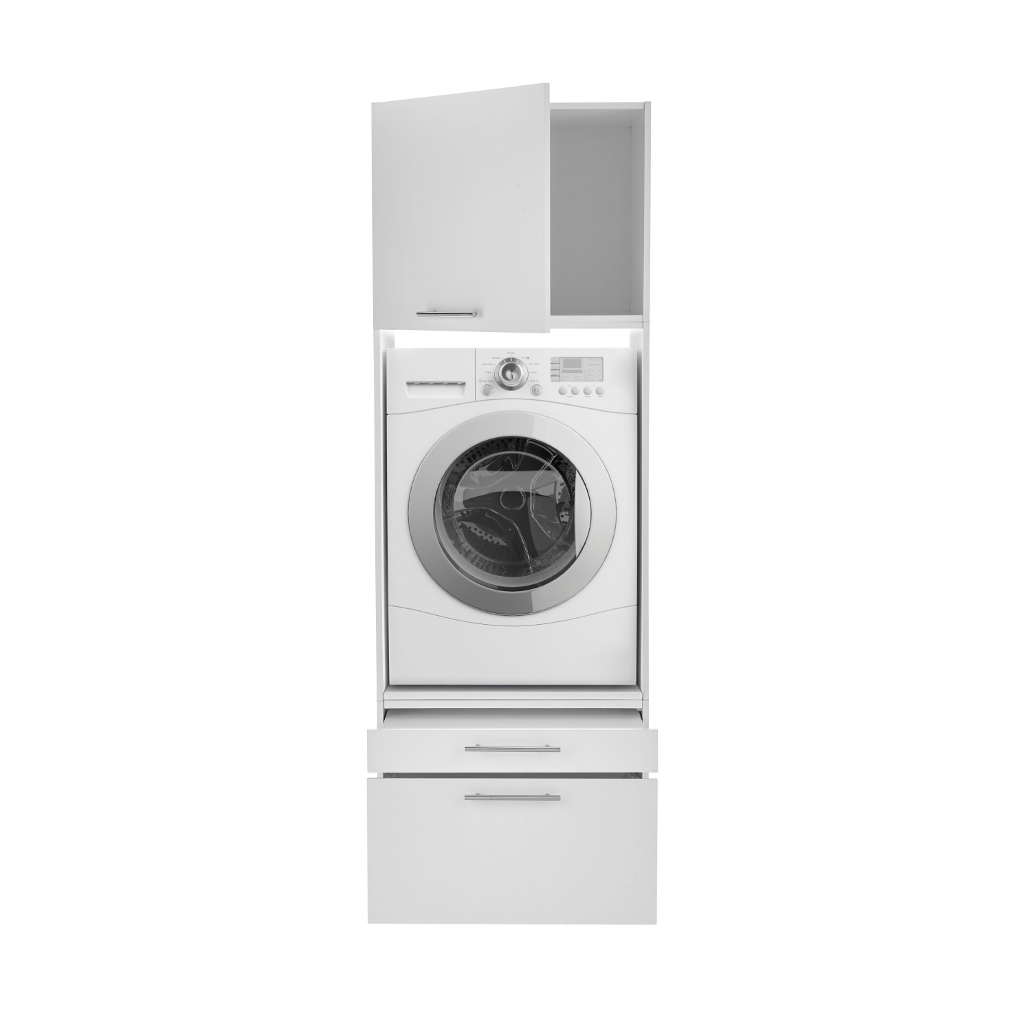 Respekta Waschmaschinenschrank Clara, weiß matt, mit Schubladen und offenem Fach.