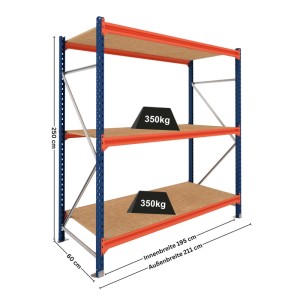 Blau-oranges PROREGAL Schwerlastregal DOMINUS, 250x195x60cm, 3 Spanplatten-Ebenen, Fachlast 350 kg. Ideal für Lager.