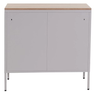 Graue MCW Kommode L84-2 mit zwei Türen und hellem Holzdeckel. Schubladenkommode mit Stauraum.