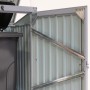 Geöffnete graue Westmann Müllbox (1-fach) mit Mülltonne. Details der Stahlblechkonstruktion sichtbar.