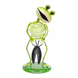 Grüne Deko-Figur Frosch aus Metall mit Leuchtstein, 16 cm hoch, für die Gartendekoration.