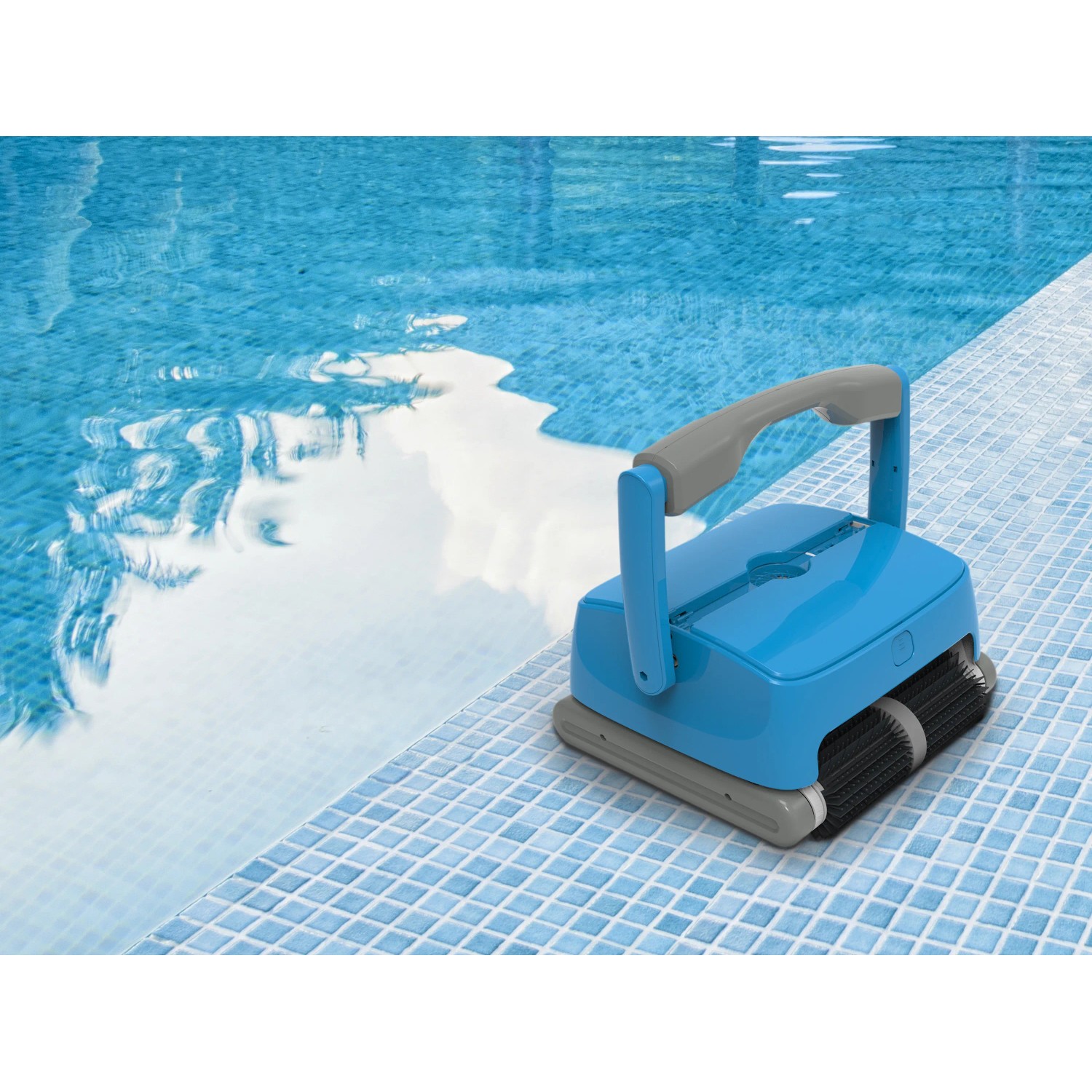 Blauer Akku-Poolroboter Orca 300 CL für Boden, Wand und Wasserlinie im Pool.
