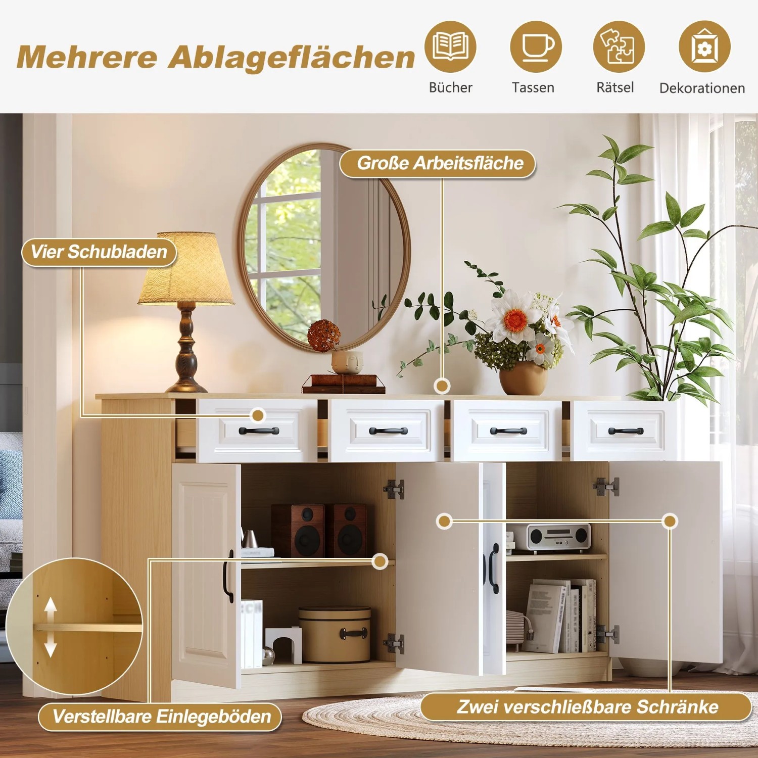 Modernes weißes Sideboard mit Holzoptik, 4 geriffelten Türen, 4 Schubladen & verstellbaren Böden für Wohnzimmer.