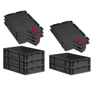 PROREGAL SuperSparSet: 5 schwarze Euroboxen mit Deckel und roten Verschlüssen, 23 Liter.