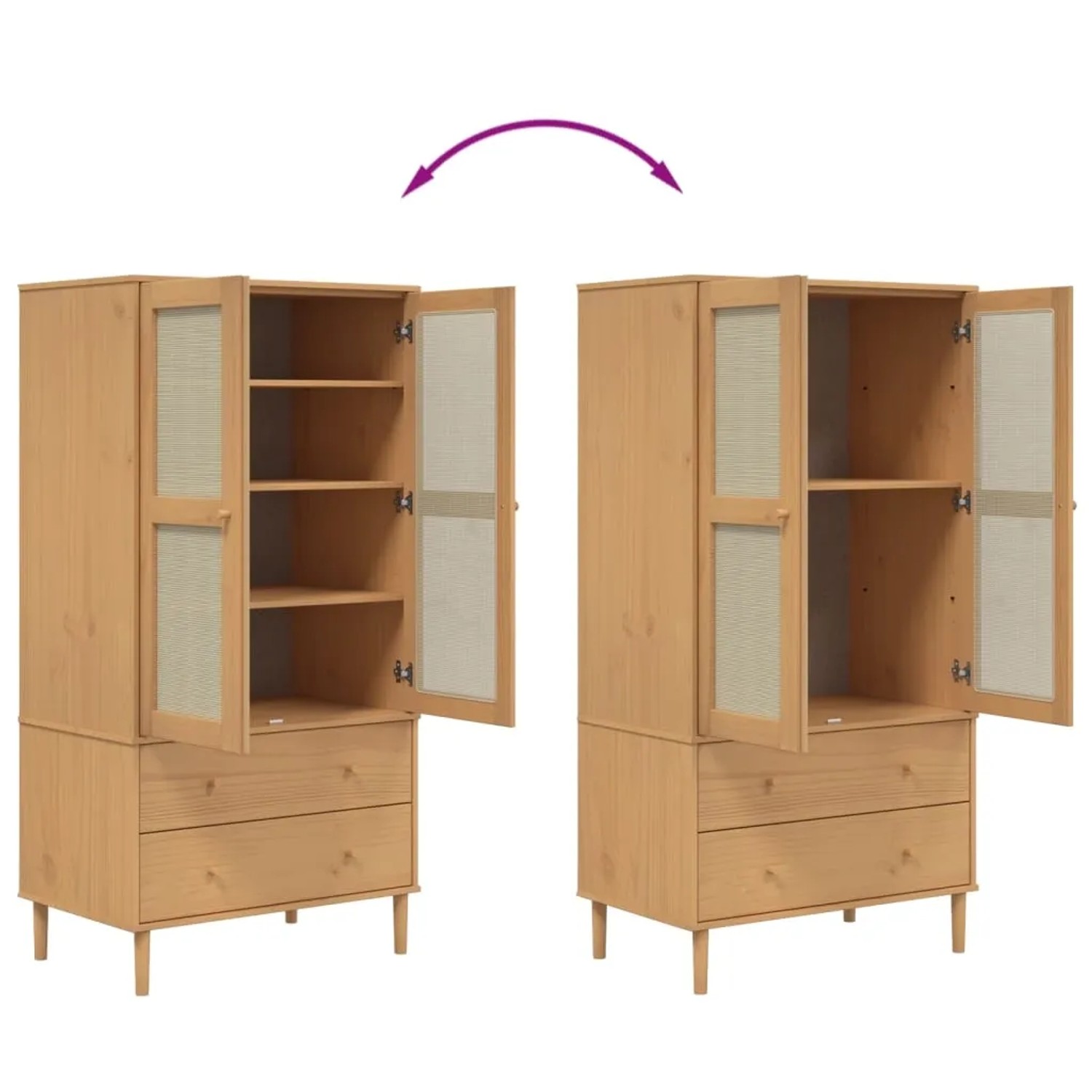 Brauner Kleiderschrank SENJA mit Rattan-Optik, Kiefernholz, 90x55x175cm, mit offenen Türen und Schubladen.