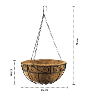 Dekorative, schwarze Hängeampel (Ø 25cm) mit Kokoseinsatz und Metallketten für Balkon & Garten.