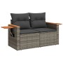 Graue vidaXL Garten-Sofagarnitur aus Polyrattan mit Kissen und ausklappbarem Tisch.
