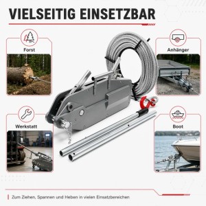 Wiltec Seilzug 3200kg mit 20m Stahlseil, vielseitig einsetzbar für Forst, Werkstatt, Anhänger und Boot.