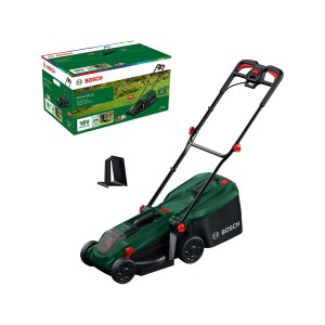 Bosch Akku-Rasenmäher Rotak 18V-32 Solo mit Fangkorb und Verpackung.